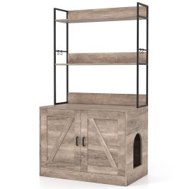 MERTHOR Modern Cat Litter Box Enclosure Cabinet with 3-Tier Shelves Metal Frame-Grey