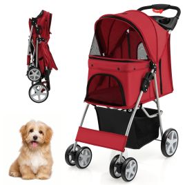 MERVELLON 4-Wheel Folding Pet Stroller with Storage Basket and Adjustable Canopy-Red