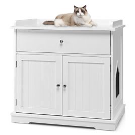 UREL Large Wooden Cat Litter Box Hidden Washroom Toilet with Drawer-White