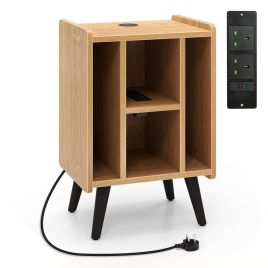 Record Player Stand with 4 Open Shelves Power Outlet USB Charging Port-Natural