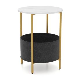 AURXO Round End Table for Small Space with Removable Fabric Basket and Metal Frame-White