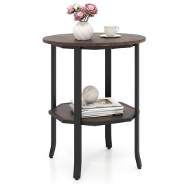 CRAVENOR Round Side 2-Tier End Table with Storage Shelf-Rustic Brown