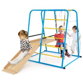 6-in-1 Indoor Jungle Gym Metal Climber with Slide and Monkey Bars-Blue