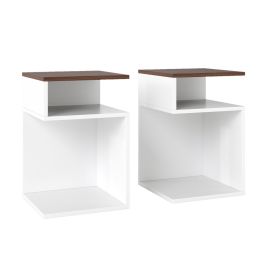 S-Shaped Side Table Set of 2 for Small Space with 2 Open Compartments-Walnut
