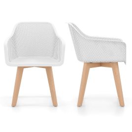 Set of 2 Modern Plastic Dining Chairs with Wood Legs-White