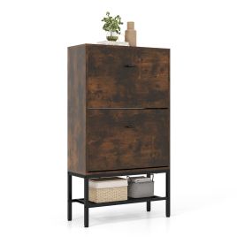 Shoes Cabinet - Shoe Storage Cabinet with 2 Flip Drawers and Adjustable and Removable Shelves-Rustic Brown