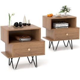 ARVA Mid Century Modern End Tables Set of 2 with Removable Drawer-Natural