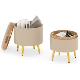 Storage Ottomans Set of 2 Leather Upholstered Round Footrests-Beige