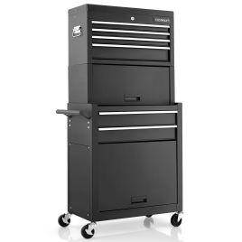 Tool Storage Rack - Lockable Tool Storage Cabinet with Handle, Drawers, Wheels and EVA Liner-Black