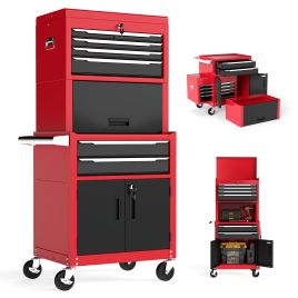 6-Drawer Rolling Tool Chest with Universal Wheels and Hooks-Red & Black-M