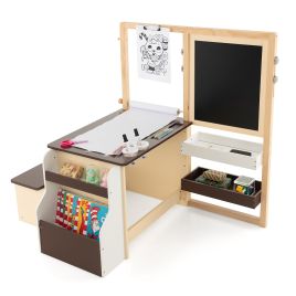 Kids Art Easel Table and Bench Set with Adjustable Easel and Bookshelf-Coffee