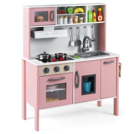 PARNIX Wooden Kids Play Kitchen Set with Microwave Stoves Oven-Light Pink