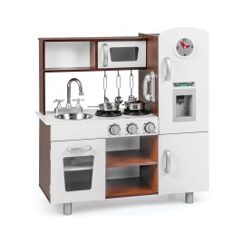 Kids Kitchen Toy - Wooden Toddler Kitchen Playset with Realistic Lights and Sounds-Brown