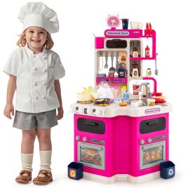 PENDALYN Kids Kitchen Playset Corner Play Kitchen with Realistic Sounds and Lights-Pink