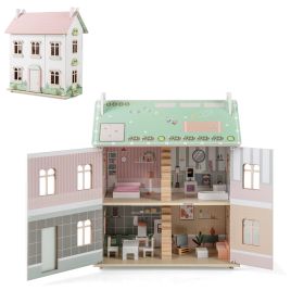 Kids Dollhouse - Wooden Dollhouse with Furniture and Accessories for Kids-Pink