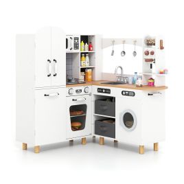 PRILLEX Wooden Corner Play Kitchen with Pine Wood Legs and Lights & Sounds-White