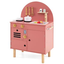 RALLOCK Play Kitchen for Kids Wooden Kitchen Playset with Stoves Faucet-Pink