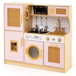 RALWYN Wooden Kids Kitchen Playset with Real Sounds Lights Stove Water Dispenser-Pink
