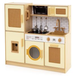 RALWYN Wooden Kids Kitchen Playset with Real Sounds Lights Stove Water Dispenser-Yellow