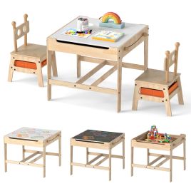 RAWMAR Kids Table and Chairs 4 in 1 Wooden Activity Desk Set (Robot Shape)-Natural
