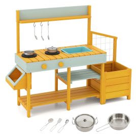 TORIN Pretend Mud Kitchen Play Kitchen with Removable Sink and Planter Boxes-Yellow