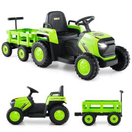 VALETHORNE Kids Ride on Tractor 12V Electric Vehicle with Detachable Trailer and Remote Control-Green
