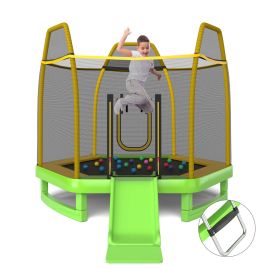 Kids Trampoline - 7 Feet Hexagonal Trampoline with Slide and Safety Enclosure Net-Green