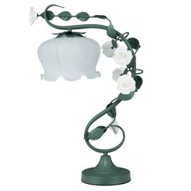 Vintage Bedside Table Lamp with 6 Ceramic Roses and Metal Leaves-Green