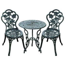 Cast Aluminium Outdoor Patio Garden Bistro Elegant Design Table Chair Set - Green (3-Piece)