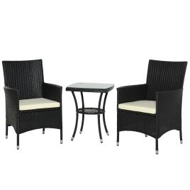 Garden Outdoor Rattan Furniture Bistro Set 3 PCs Patio Weave Companion Chair Table Set Conservatory (Black)