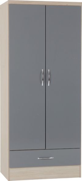 Wardrobe - NEWBIGGIN 2 Door 1 Drawer Wardrobe Grey Gloss with Light Oak 78cm