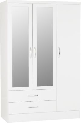 Wardrobe - NEWBIGGIN 3 Door Mirrored Wardrobe White Gloss 116cm