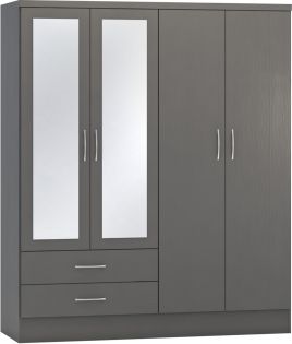 Wardrobe - NEWBIGGIN 4 Door Mirrored Wardrobe 3D Effect Grey 154cm