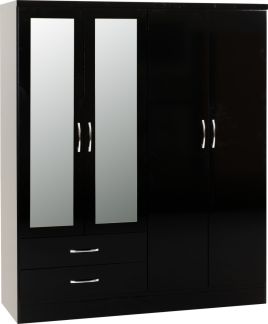 Wardrobe - NEWBIGGIN 4 Door Mirrored Wardrobe Black Gloss 154cm