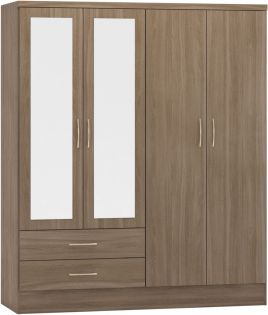 Wardrobe - NEWBIGGIN 4 Door Mirrored Wardrobe Rustic Oak Effect 154cm