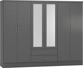 Wardrobe - NEWBIGGIN 6 Door Mirrored Wardrobe 3D Effect Grey 230cm