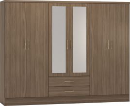 Wardrobe - NEWBIGGIN 6 Door Mirrored Wardrobe Rustic Oak Effect 230cm