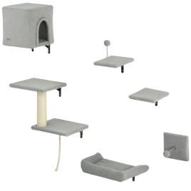 PAWSTER 6 Piece Cat Wall Shelves Set with Condo Grey