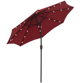 2.7m Garden 24 LED Light Parasol Solar Outdoor Tilt Sun Umbrella Patio Club Party Event Manual Sun Shade w/ Hand Crank and 8 Ribs Red