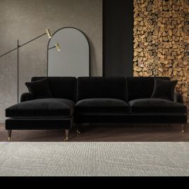 PAYTON Velvet 4 Seater L Shaped Fullback Corner Sofa - Black, Left Hand Facing