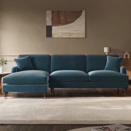 PAYTON Velvet 4 Seater L Shaped Fullback Corner Sofa - Blue, Left Hand Facing