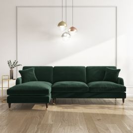 PAYTON Velvet 4 Seater L Shaped Fullback Corner Sofa - Dark Green, Left Hand Facing