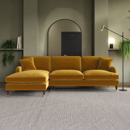 PAYTON Velvet 4 Seater L Shaped Fullback Corner Sofa - Mustard, Left Hand Facing