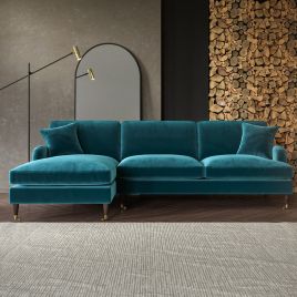 PAYTON Velvet 4 Seater L Shaped Fullback Corner Sofa - Teal, Left Hand Facing