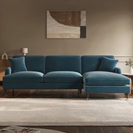 PAYTON Velvet 4 Seater L Shaped Fullback Corner Sofa - Blue, Right Hand Facing