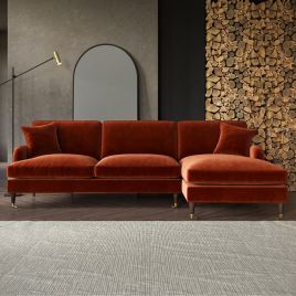 PAYTON Velvet 4 Seater L Shaped Fullback Corner Sofa - Burnt Orange, Right Hand Facing
