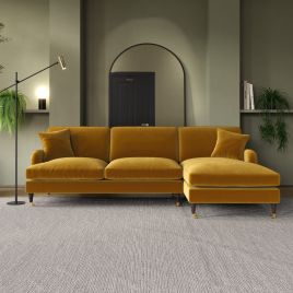 PAYTON Velvet 4 Seater L Shaped Fullback Corner Sofa - Mustard, Right Hand Facing