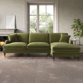 PAYTON Velvet 4 Seater L Shaped Fullback Corner Sofa - Olive Green, Right Hand Facing