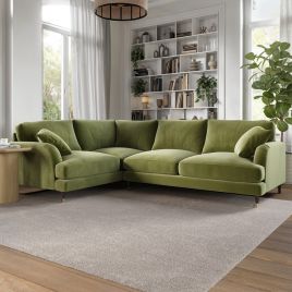 PAYTON Velvet 4 Seater L Shaped Dual Arm Corner Sofa - Olive Green, Left Hand Facing