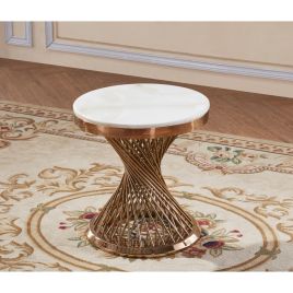Fontana Luxe Natural Stone Round Marble Effect Lamp Table with Stainless Steel in Rose Gold Base